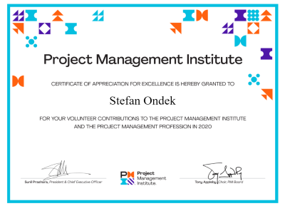 PMI Certificate of Appreciation for Excellence