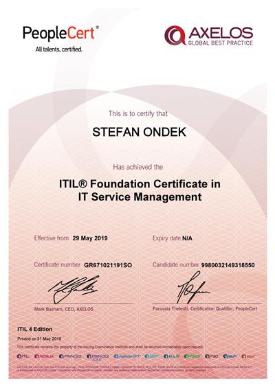 ITIL 4 Foundation certificate Stefan Ondek