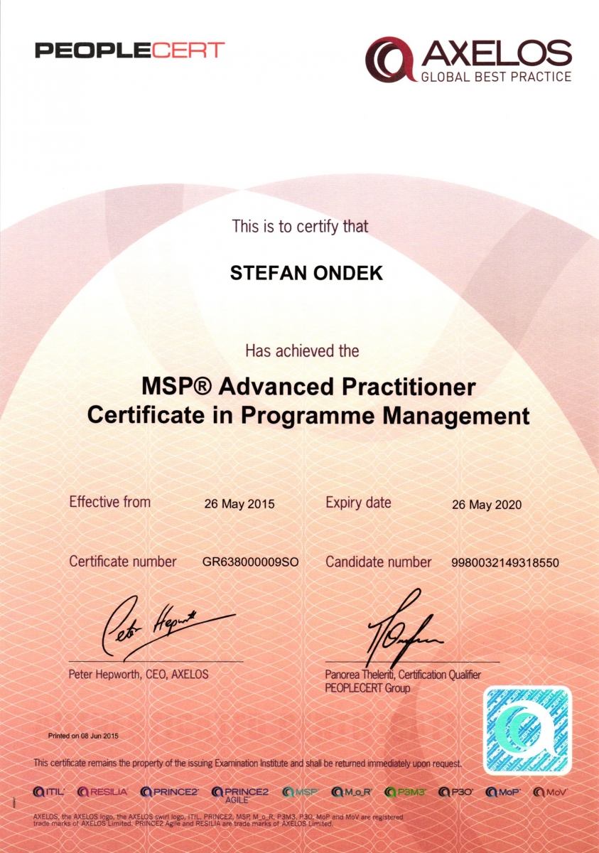 Certificates Stefan Ondek, PMP PRINCE2, PRINCE2 Agile, PMI, IPMA, MSP, MoP, P3O, MoV, MB