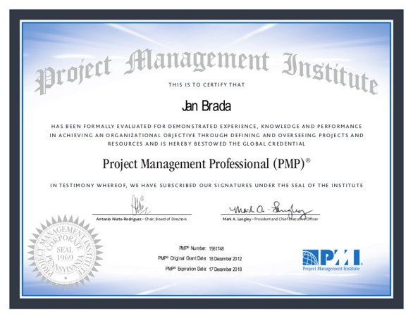 PMI PMP Certificate Jan Brada