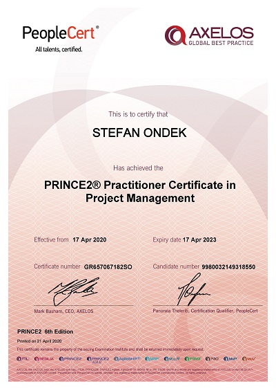 PRINCE2 6th Edition Practitioner certificate Stefan Ondek