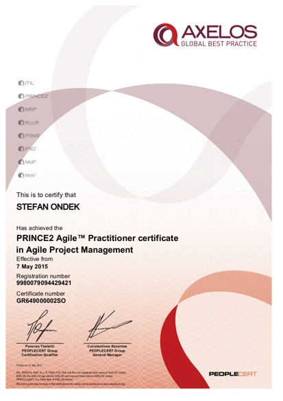 PRINCE2 Agile Practitioner certificate Štefan Ondek