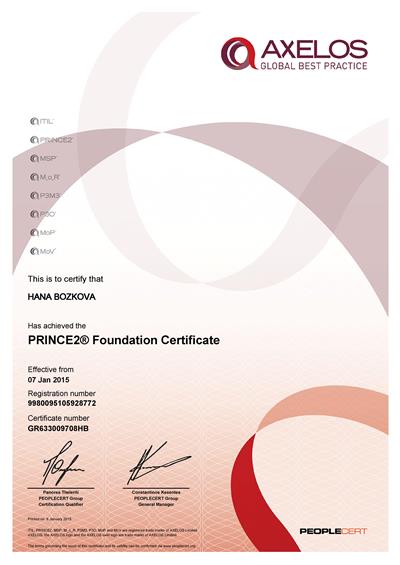 PRINCE2 Foundation certificate Hana Božková