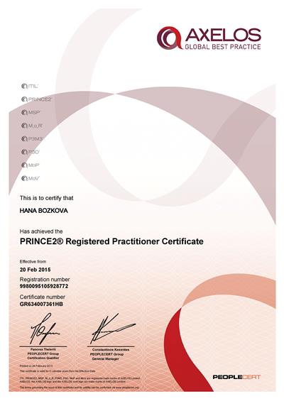 PRINCE2 Practitioner certifikát Hana Božková