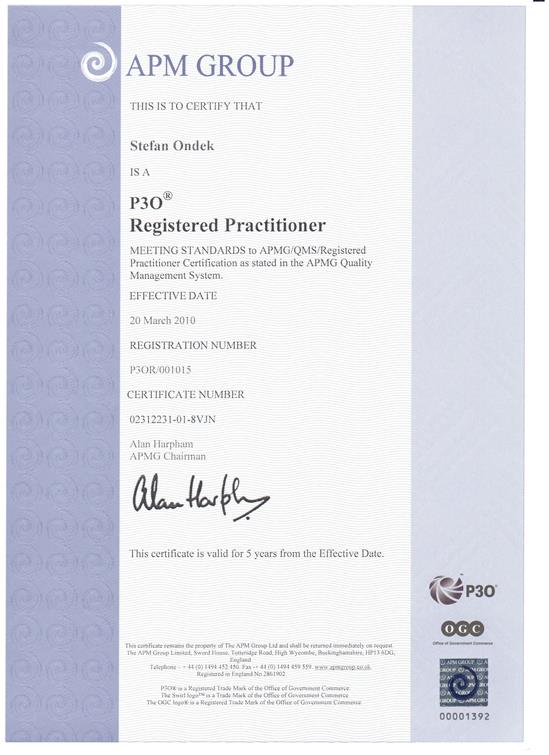 P3O Registered Practitioner Certificate Štefan Ondek