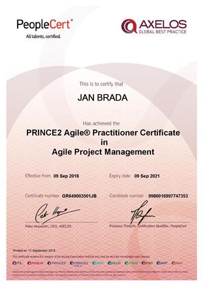 PRINCE2 Agile Practitioner certificate Jan Brada