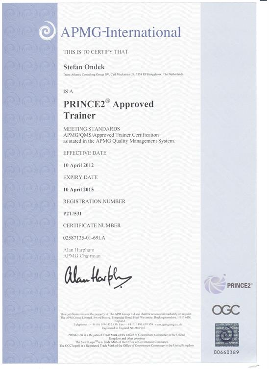 PRINCE2 Approved Trainer 2012-2015 certificate