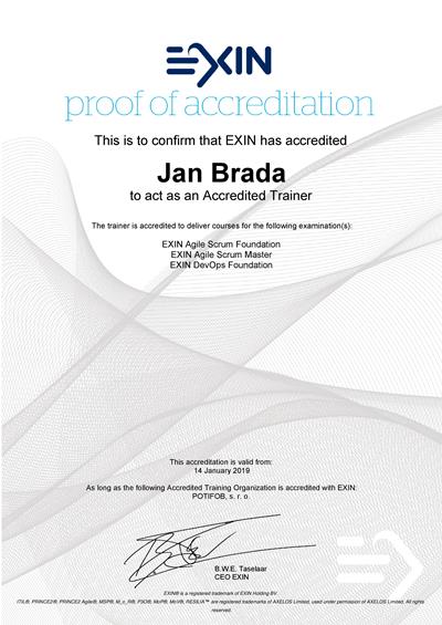 EXIN Accredited Trainer certificate Jan Brada