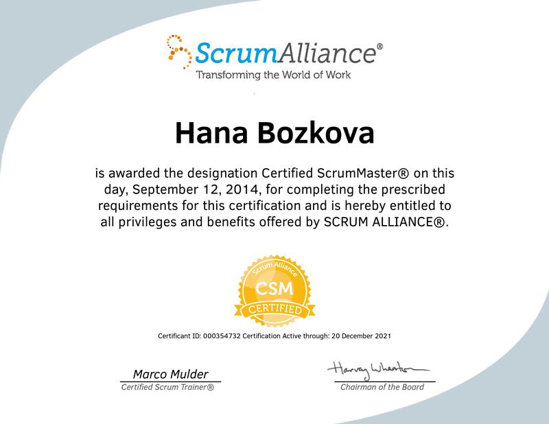 CSM Certificate Hana Bozkova