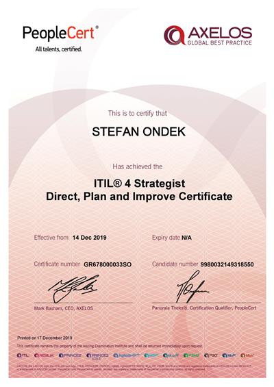 ITIL 4 DPI certificate Stefan Ondek
