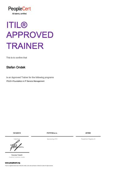 ITIL Approved Trainer certificate Stefan Ondek
