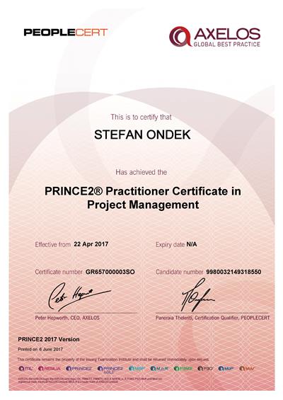 PRINCE2 2017 Practitioner certificate Stefan Ondek