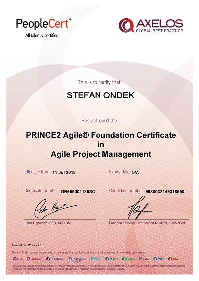 PRINCE2 Agile Foundation certificate Stefan Ondek