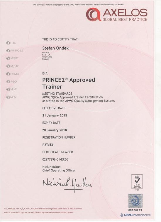PRINCE2 Approved Trainer certificate Štefan Ondek APMG 2015-2018